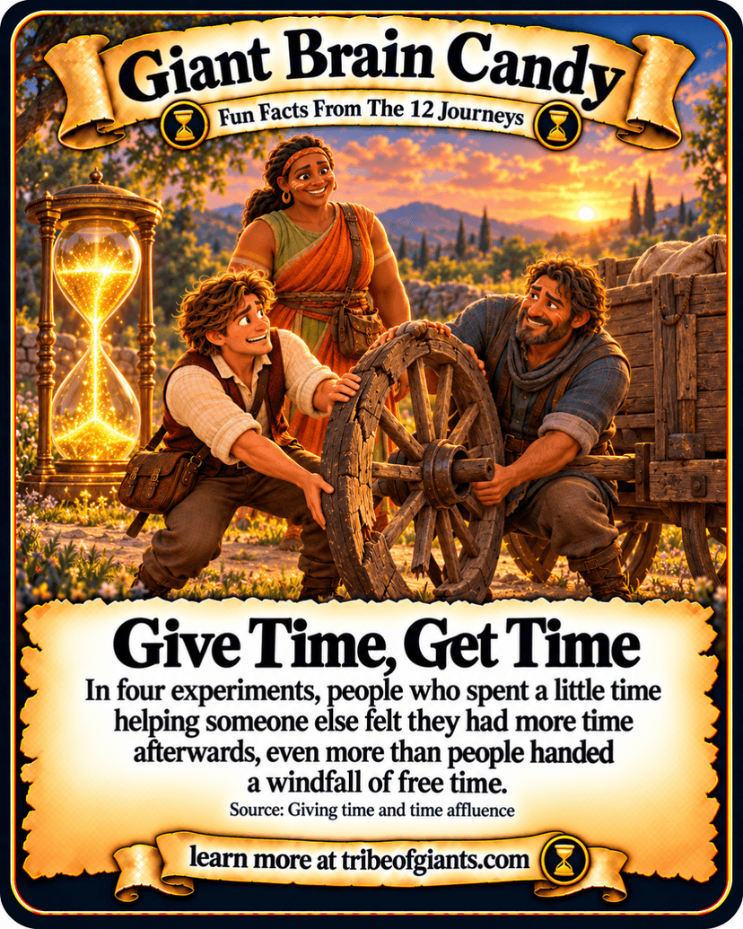 Giant Brain Candy: Give Time, Get Time. In four experiments, people who spent a little time helping someone else felt they had more time afterwards, even more than people handed a windfall of free time. Source: Giving time and time affluence.