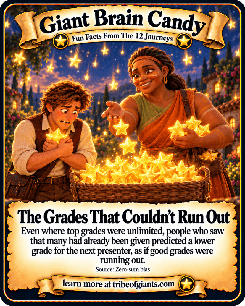 Giant Brain Candy: The Grades That Couldn’t Run Out. Even where top grades were unlimited, people who saw that many had already been given predicted a lower grade for the next presenter, as if good grades were running out. Source: Zero-sum bias.