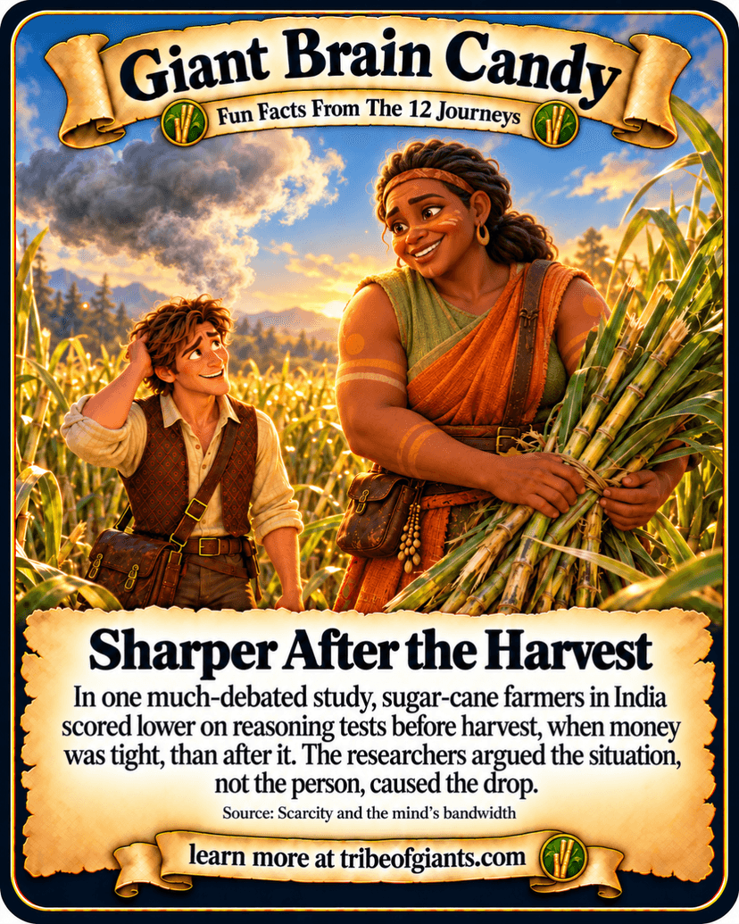 Giant Brain Candy: Sharper After the Harvest. In one much-debated study, sugar-cane farmers in India scored lower on reasoning tests before harvest, when money was tight, than after it. The researchers argued the situation, not the person, caused the drop. Source: Scarcity and the mind’s bandwidth.