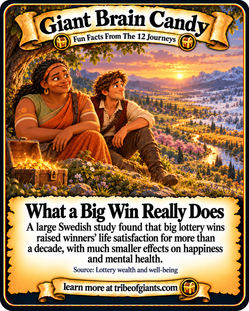Giant Brain Candy: What a Big Win Really Does. A large Swedish study found that big lottery wins raised winners’ life satisfaction for more than a decade, with much smaller effects on happiness and mental health. Source: Lottery wealth and well-being.
