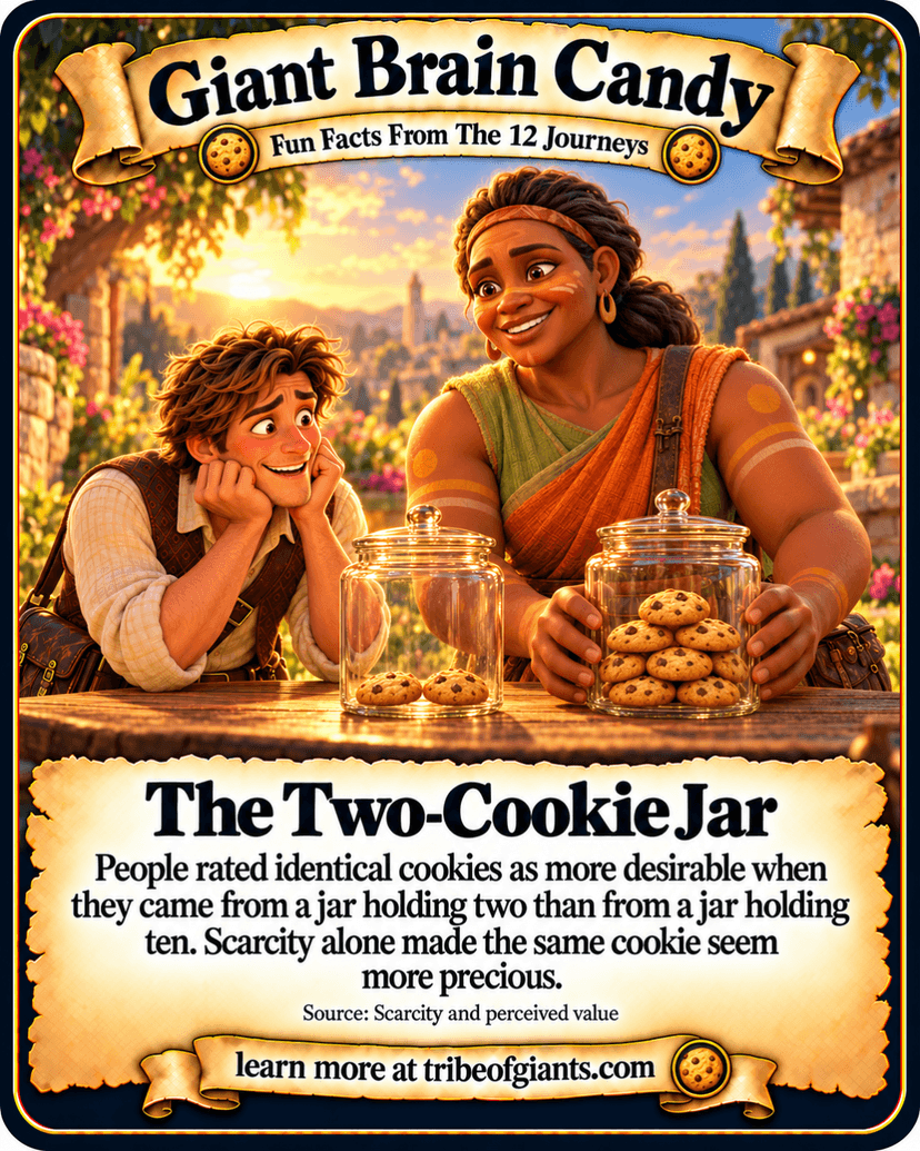 Giant Brain Candy: The Two-Cookie Jar. People rated identical cookies as more desirable when they came from a jar holding two than from a jar holding ten. Scarcity alone made the same cookie seem more precious. Source: Scarcity and perceived value.