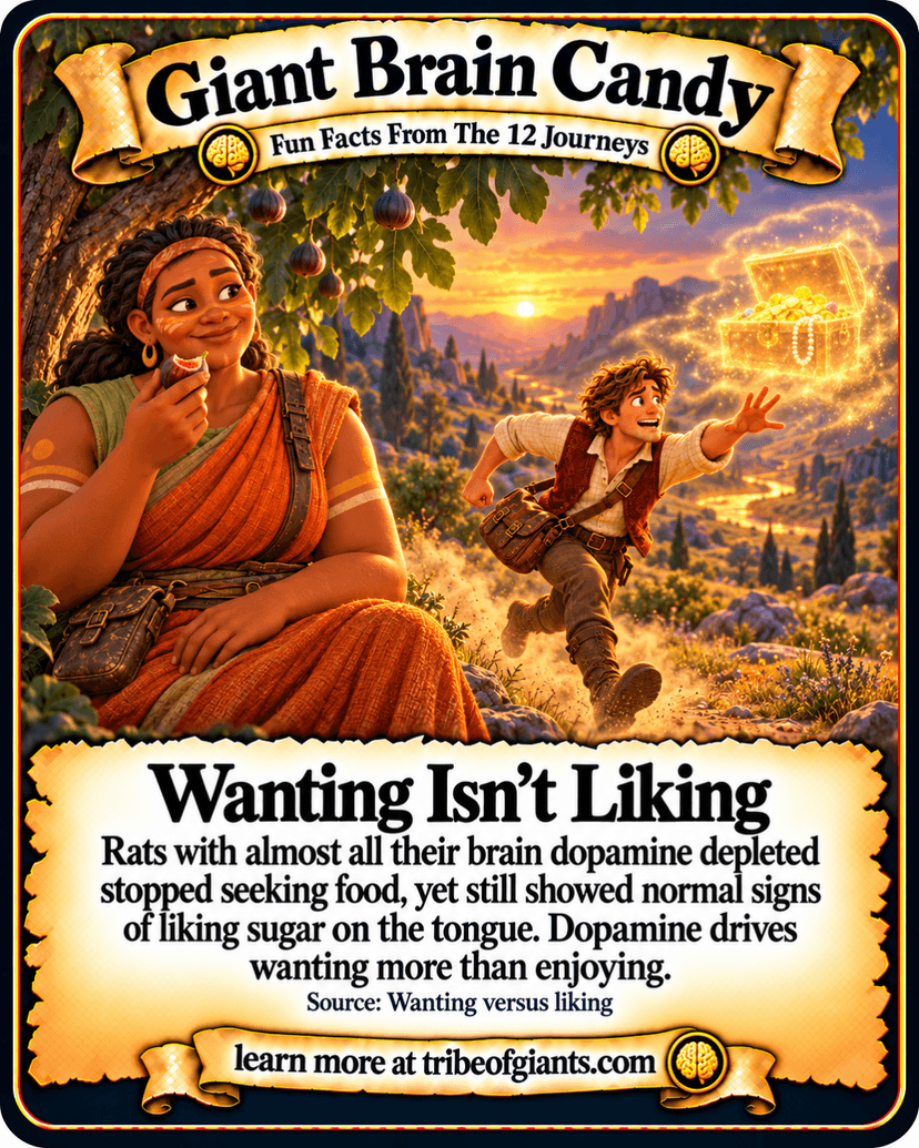 Giant Brain Candy: Wanting Isn’t Liking. Rats with almost all their brain dopamine depleted stopped seeking food, yet still showed normal signs of liking sugar on the tongue. Dopamine drives wanting more than enjoying. Source: Wanting versus liking.
