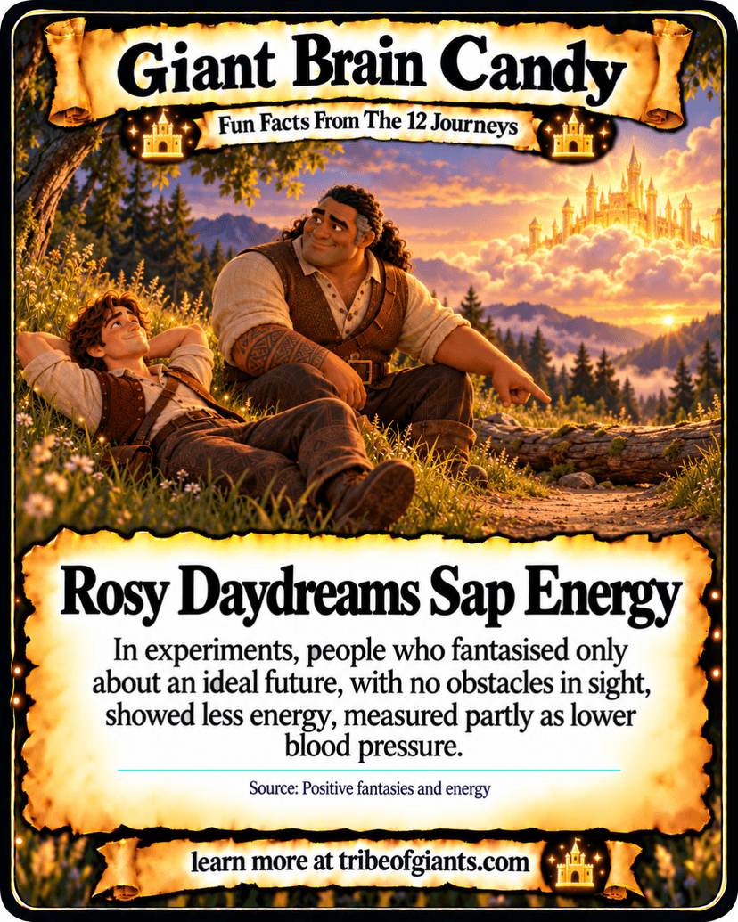 Giant Brain Candy: Rosy Daydreams Sap Energy. In experiments, people who fantasised only about an ideal future, with no obstacles in sight, showed less energy, measured partly as lower blood pressure. Source: Positive fantasies and energy.