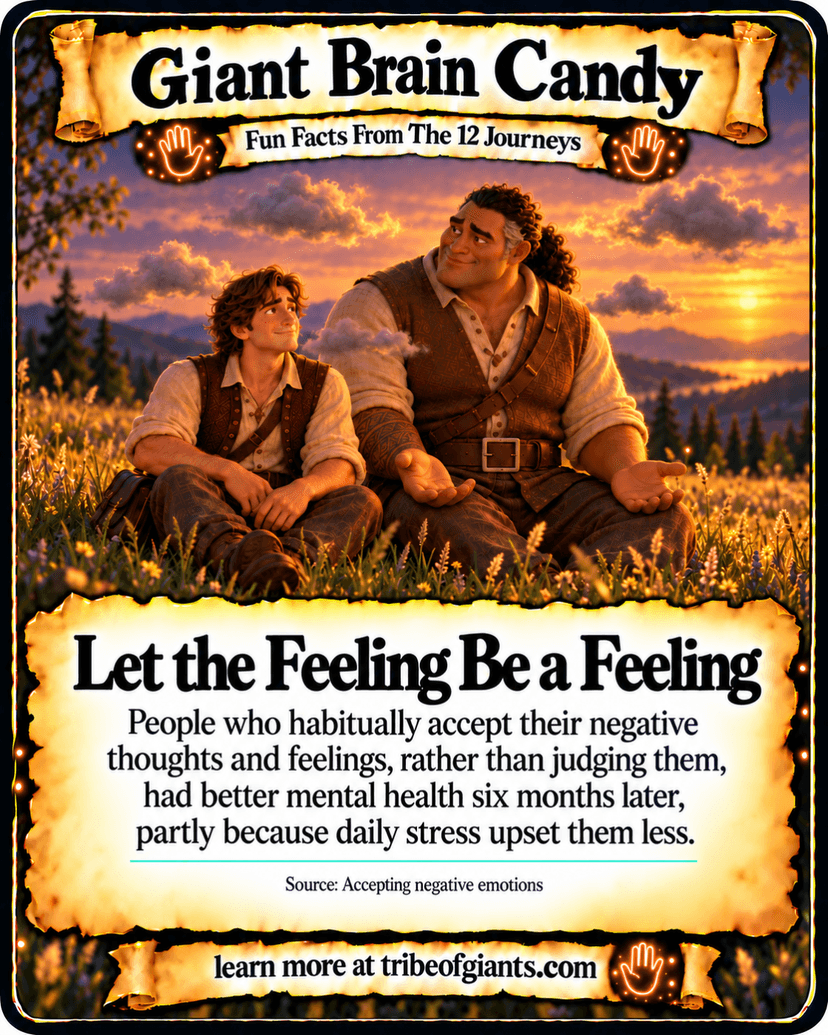 Giant Brain Candy: Let the Feeling Be a Feeling. People who habitually accept their negative thoughts and feelings, rather than judging them, had better mental health six months later, partly because daily stress upset them less. Source: Accepting negative emotions.