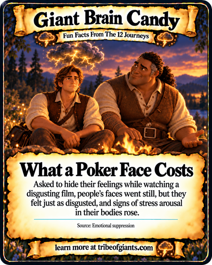 Giant Brain Candy: What a Poker Face Costs. Asked to hide their feelings while watching a disgusting film, people’s faces went still, but they felt just as disgusted, and signs of stress arousal in their bodies rose. Source: Emotional suppression.