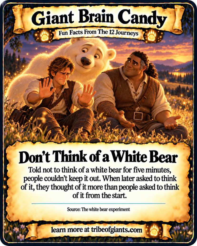Giant Brain Candy: Don’t Think of a White Bear. Told not to think of a white bear for five minutes, people couldn’t keep it out. When later asked to think of it, they thought of it more than people asked to think of it from the start. Source: The white bear experiment.