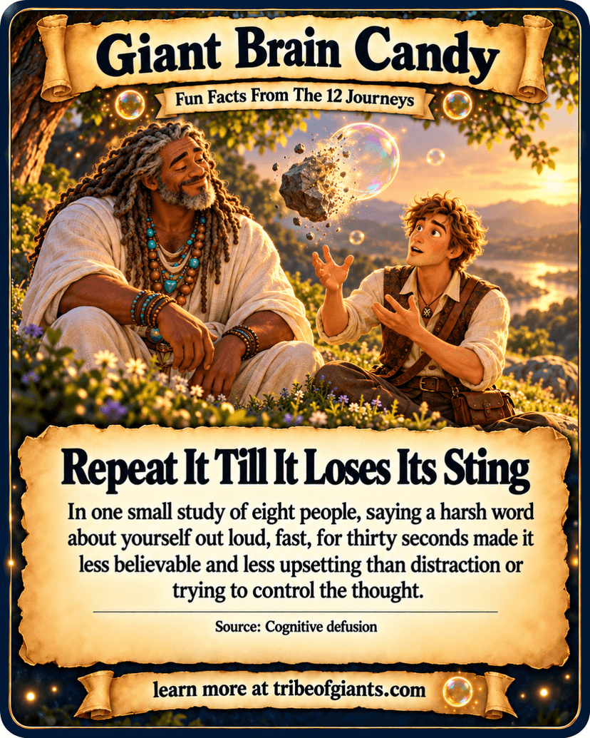 Giant Brain Candy: Repeat It Till It Loses Its Sting. In one small study of eight people, saying a harsh word about yourself out loud, fast, for thirty seconds made it less believable and less upsetting than distraction or trying to control the thought. Source: Cognitive defusion.