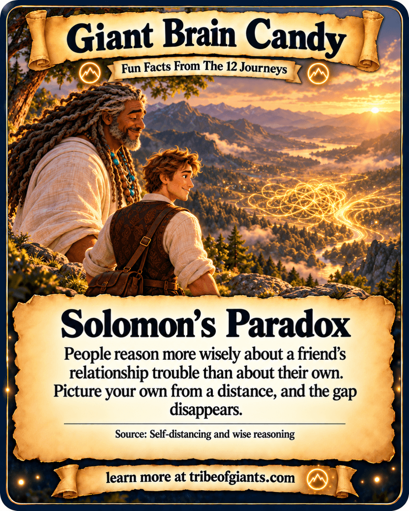 Giant Brain Candy: Solomon’s Paradox. People reason more wisely about a friend’s relationship trouble than about their own. Picture your own from a distance, and the gap disappears. Source: Self-distancing and wise reasoning.
