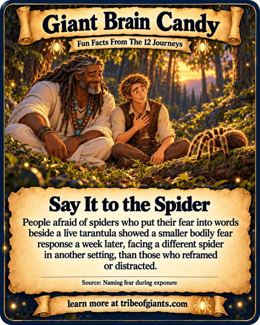 Giant Brain Candy: Say It to the Spider. People afraid of spiders who put their fear into words beside a live tarantula showed a smaller bodily fear response a week later, facing a different spider in another setting, than those who reframed or distracted. Source: Naming fear during exposure.