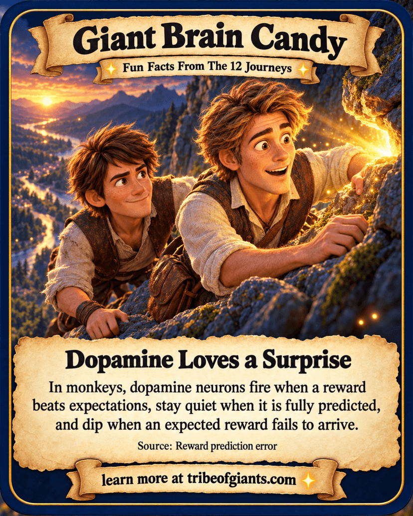 Giant Brain Candy: Dopamine Loves a Surprise. In monkeys, dopamine neurons fire when a reward beats expectations, stay quiet when it is fully predicted, and dip when an expected reward fails to arrive. Source: Reward prediction error.