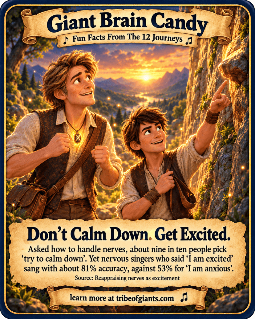 Giant Brain Candy: Don’t Calm Down. Get Excited.. Asked how to handle nerves, about nine in ten people pick ‘try to calm down’. Yet nervous singers who said ‘I am excited’ sang with about 81% accuracy, against 53% for ‘I am anxious’. Source: Reappraising nerves as excitement.