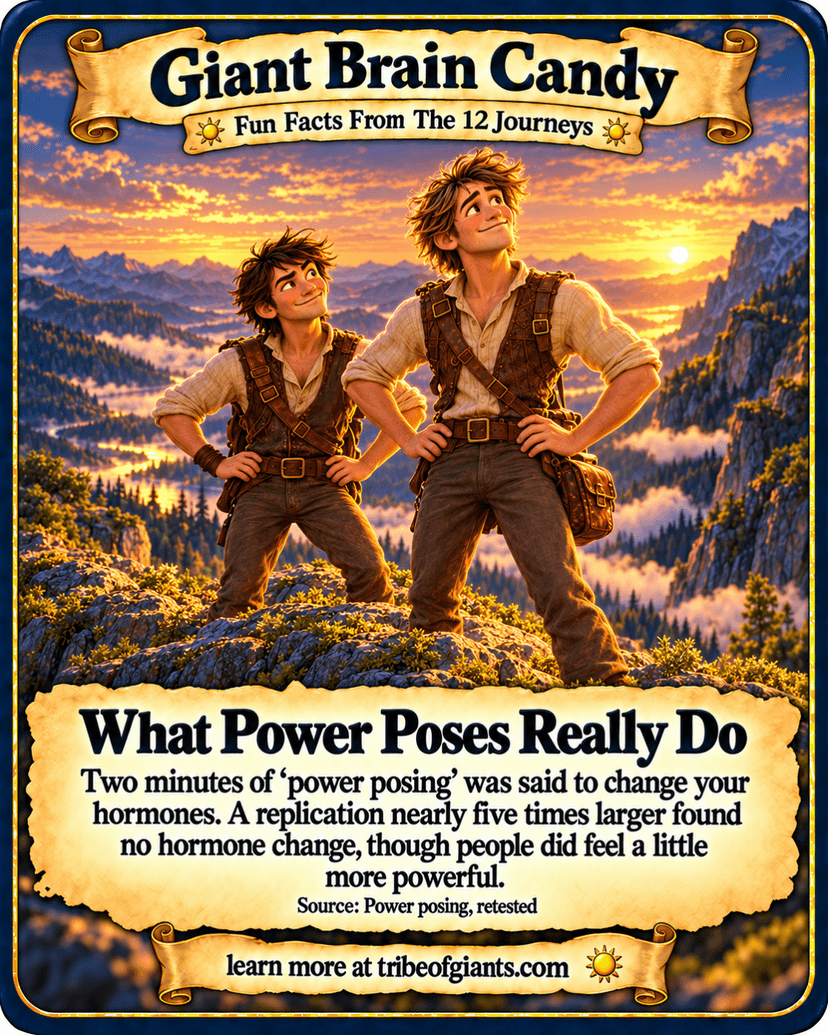 Giant Brain Candy: What Power Poses Really Do. Two minutes of ‘power posing’ was said to change your hormones. A replication nearly five times larger found no hormone change, though people did feel a little more powerful. Source: Power posing, retested.