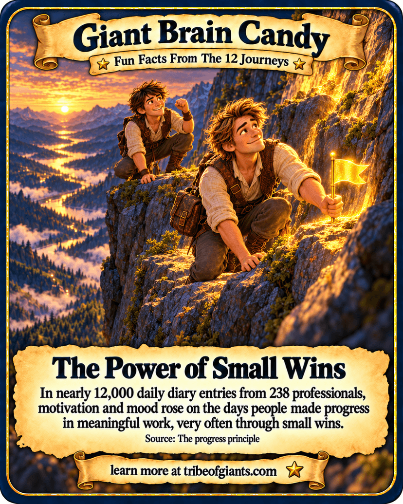Giant Brain Candy: The Power of Small Wins. In nearly 12,000 daily diary entries from 238 professionals, motivation and mood rose on the days people made progress in meaningful work, very often through small wins. Source: The progress principle.