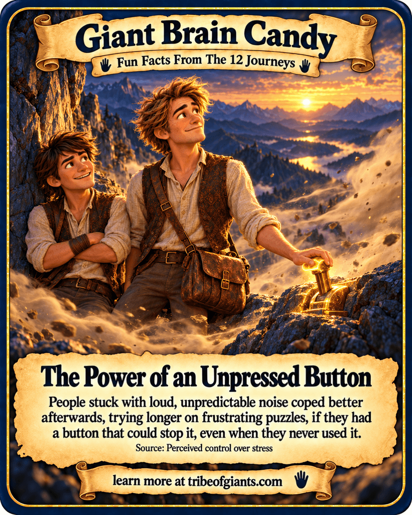 Giant Brain Candy: The Power of an Unpressed Button. People stuck with loud, unpredictable noise coped better afterwards, trying longer on frustrating puzzles, if they had a button that could stop it, even when they never used it. Source: Perceived control over stress.