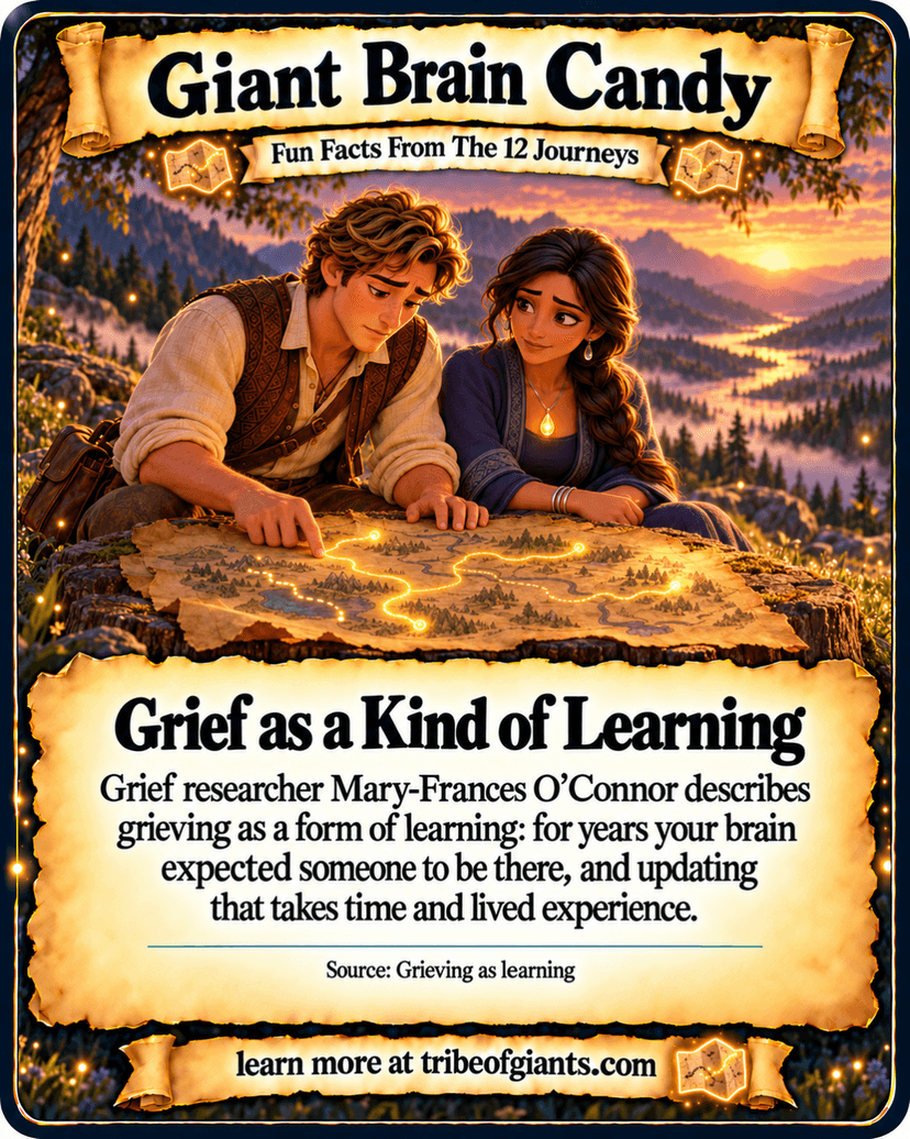 Giant Brain Candy: Grief as a Kind of Learning. Grief researcher Mary-Frances O’Connor describes grieving as a form of learning: for years your brain expected someone to be there, and updating that takes time and lived experience. Source: Grieving as learning.