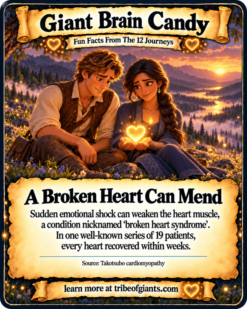 Giant Brain Candy: A Broken Heart Can Mend. Sudden emotional shock can weaken the heart muscle, a condition nicknamed ‘broken heart syndrome’. In one well-known series of 19 patients, every heart recovered within weeks. Source: Takotsubo cardiomyopathy.
