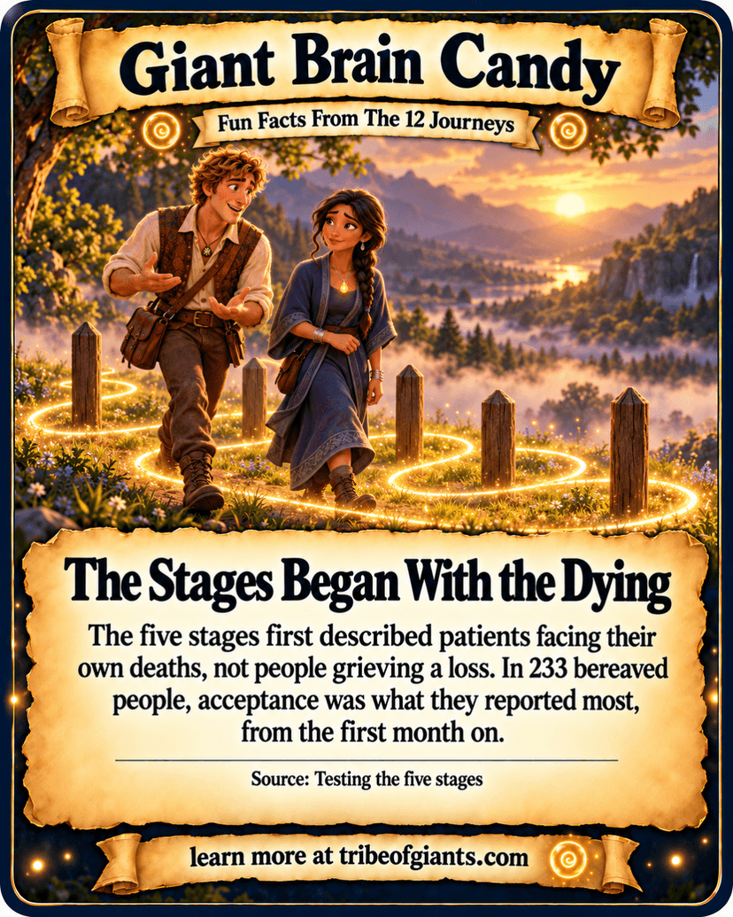 Giant Brain Candy: The Stages Began With the Dying. The five stages first described patients facing their own deaths, not people grieving a loss. In 233 bereaved people, acceptance was what they reported most, from the first month on. Source: Testing the five stages.