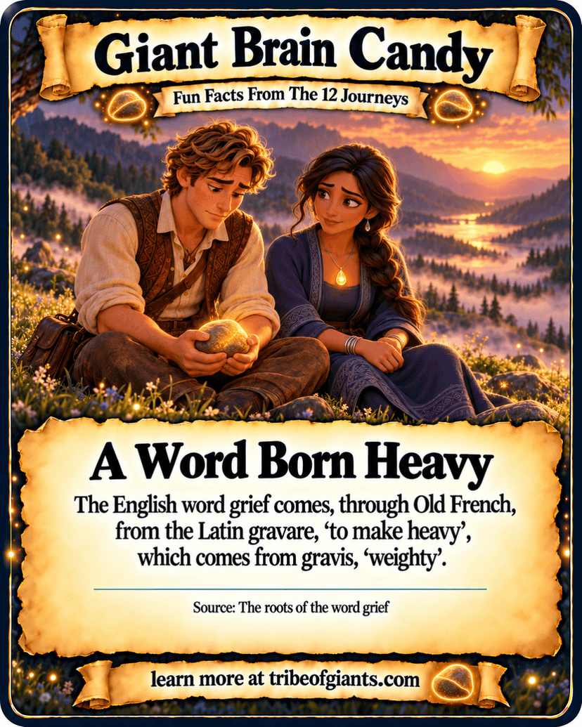 Giant Brain Candy: A Word Born Heavy. The English word grief comes, through Old French, from the Latin gravare, ‘to make heavy’, which comes from gravis, ‘weighty’. Source: The roots of the word grief.