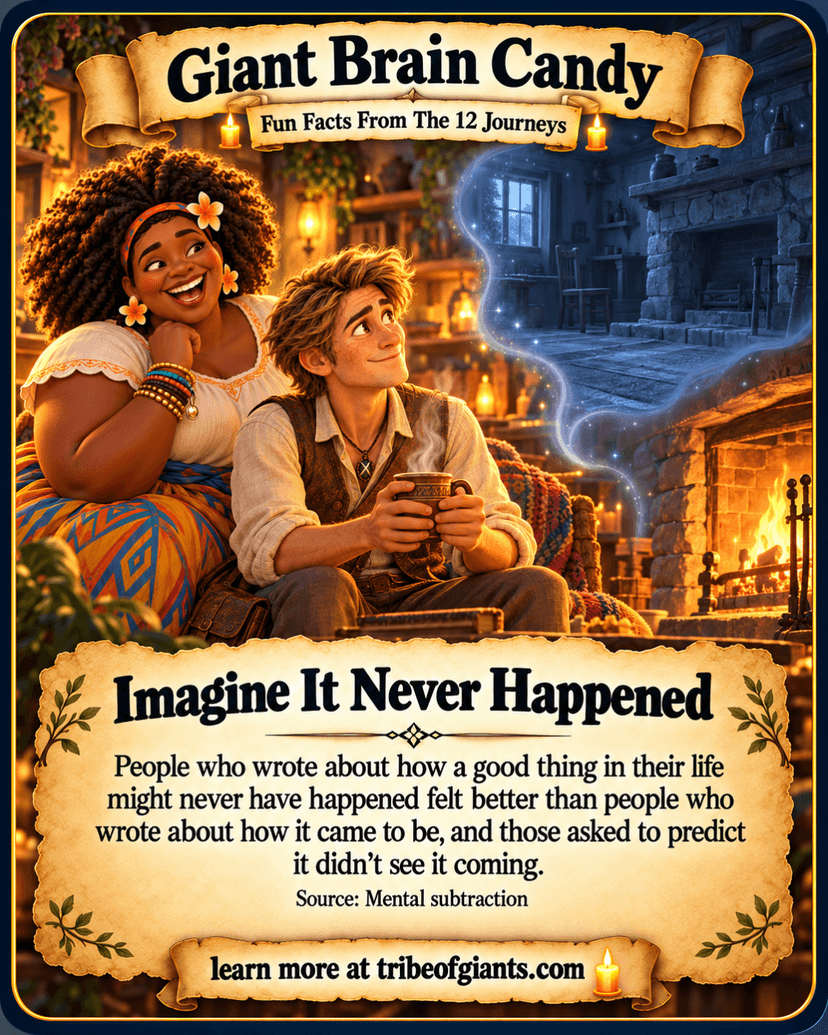Giant Brain Candy: Imagine It Never Happened. People who wrote about how a good thing in their life might never have happened felt better than people who wrote about how it came to be, and those asked to predict it didn’t see it coming. Source: Mental subtraction.