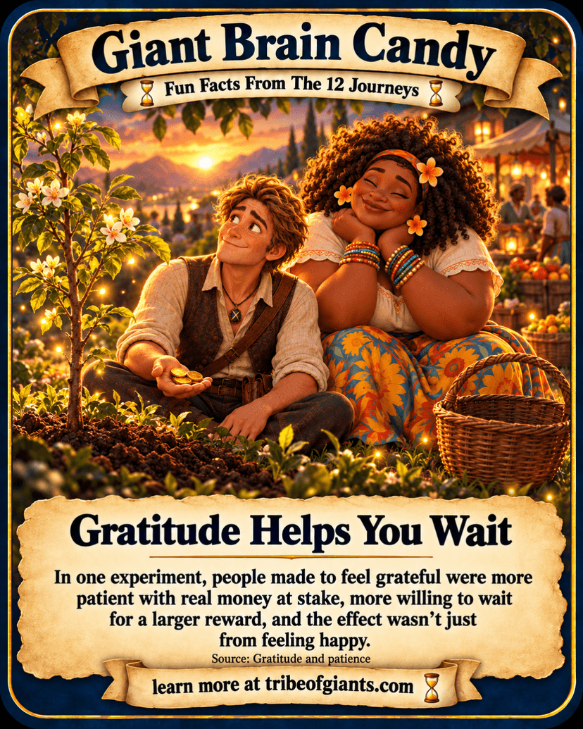 Giant Brain Candy: Gratitude Helps You Wait. In one experiment, people made to feel grateful were more patient with real money at stake, more willing to wait for a larger reward, and the effect wasn’t just from feeling happy. Source: Gratitude and patience.