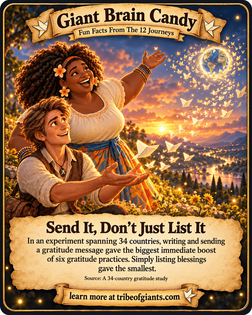 Giant Brain Candy: Send It, Don’t Just List It. In an experiment spanning 34 countries, writing and sending a gratitude message gave the biggest immediate boost of six gratitude practices. Simply listing blessings gave the smallest. Source: A 34-country gratitude study.