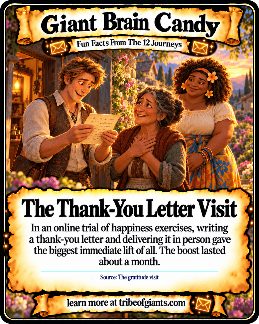 Giant Brain Candy: The Thank-You Letter Visit. In an online trial of happiness exercises, writing a thank-you letter and delivering it in person gave the biggest immediate lift of all. The boost lasted about a month. Source: The gratitude visit.