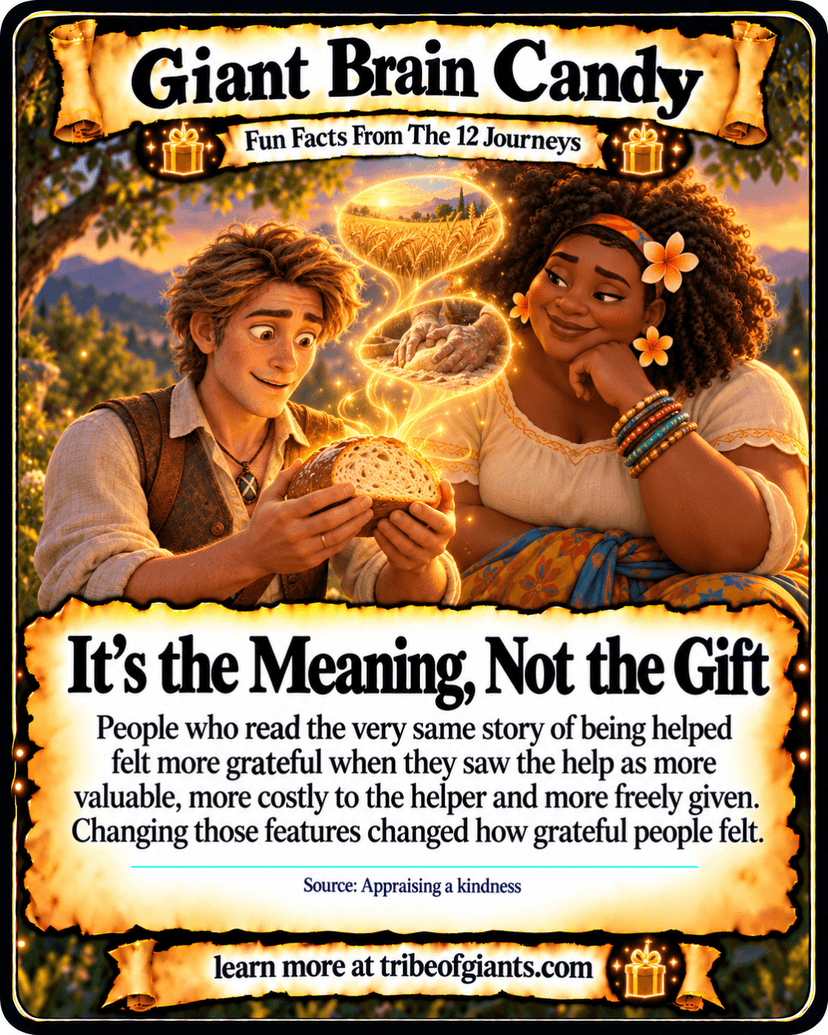 Giant Brain Candy: It’s the Meaning, Not the Gift. People who read the very same story of being helped felt more grateful when they saw the help as more valuable, more costly to the helper and more freely given. Changing those features changed how grateful people felt. Source: Appraising a kindness.