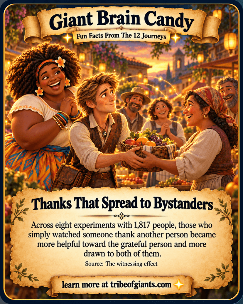 Giant Brain Candy: Thanks That Spread to Bystanders. Across eight experiments with 1,817 people, those who simply watched someone thank another person became more helpful toward the grateful person and more drawn to both of them. Source: The witnessing effect.