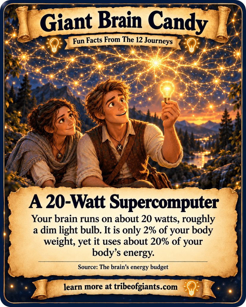 Giant Brain Candy: A 20-Watt Supercomputer. Your brain runs on about 20 watts, roughly a dim light bulb. It is only 2% of your body weight, yet it uses about 20% of your body’s energy. Source: The brain’s energy budget.