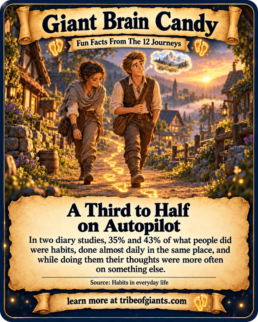 Giant Brain Candy: A Third to Half on Autopilot. In two diary studies, 35% and 43% of what people did were habits, done almost daily in the same place, and while doing them their thoughts were more often on something else. Source: Habits in everyday life.