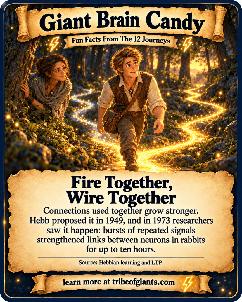 Giant Brain Candy: Fire Together, Wire Together. Connections used together grow stronger. Hebb proposed it in 1949, and in 1973 researchers saw it happen: bursts of repeated signals strengthened links between neurons in rabbits for up to ten hours. Source: Hebbian learning and LTP.