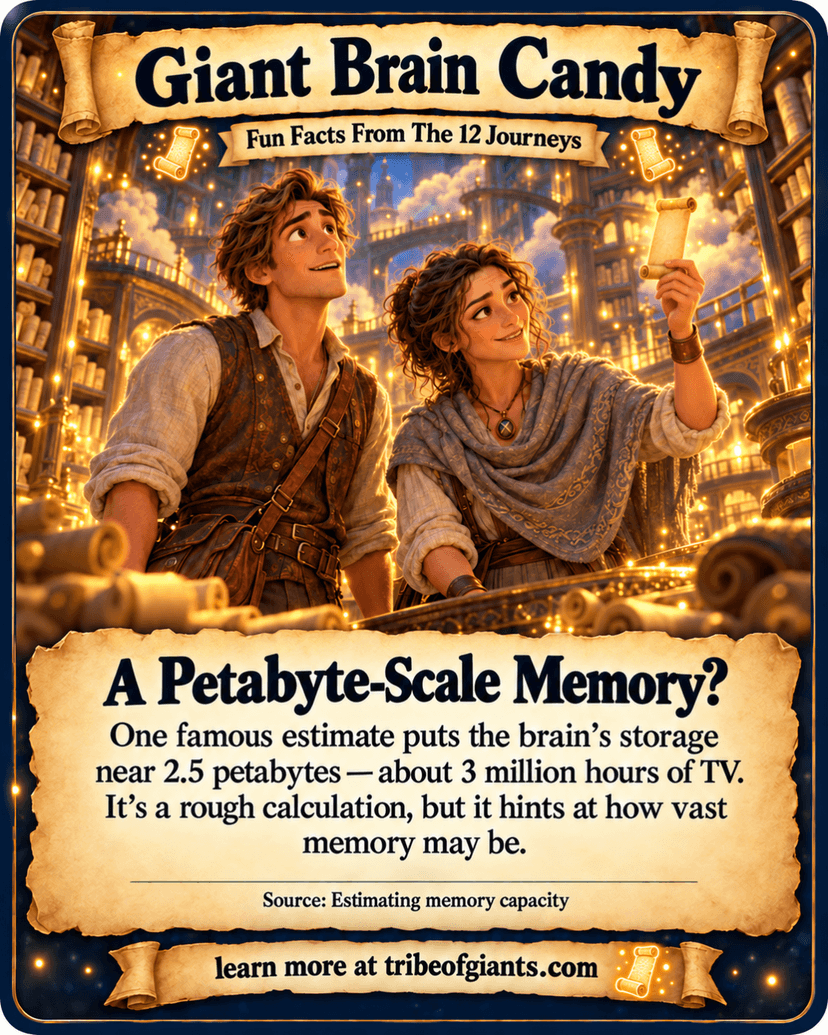 Giant Brain Candy: A Petabyte-Scale Memory?. One famous estimate puts the brain’s storage near 2.5 petabytes — about 3 million hours of TV. It’s a rough calculation, but it hints at how vast memory may be. Source: Estimating memory capacity.
