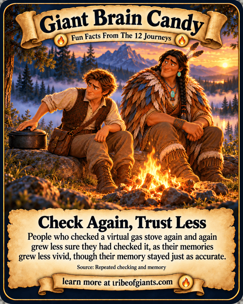 Giant Brain Candy: Check Again, Trust Less. People who checked a virtual gas stove again and again grew less sure they had checked it, as their memories grew less vivid, though their memory stayed just as accurate. Source: Repeated checking and memory.