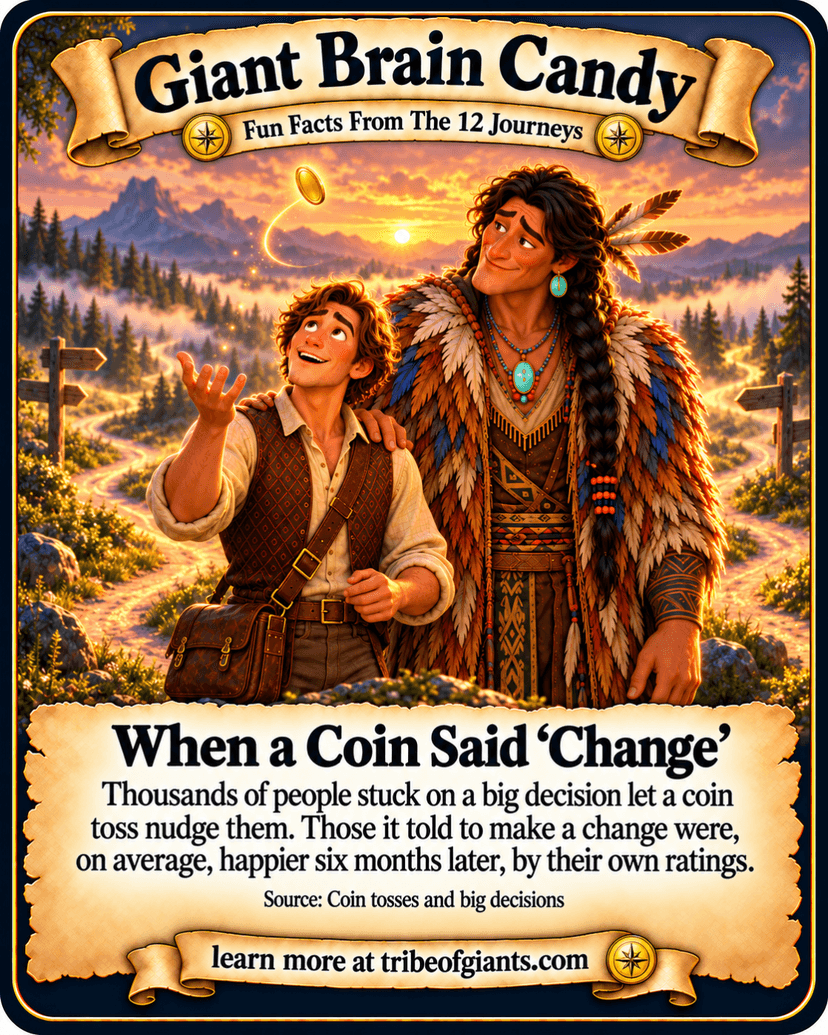 Giant Brain Candy: When a Coin Said ‘Change’. Thousands of people stuck on a big decision let a coin toss nudge them. Those it told to make a change were, on average, happier six months later, by their own ratings. Source: Coin tosses and big decisions.