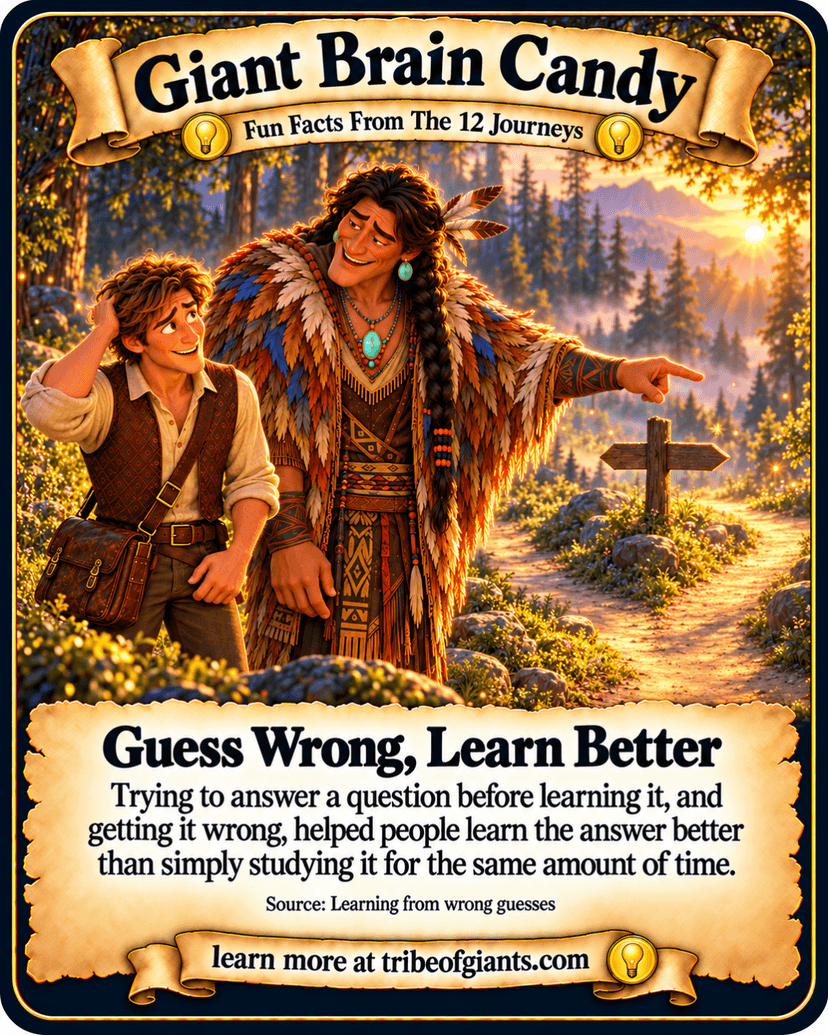Giant Brain Candy: Guess Wrong, Learn Better. Trying to answer a question before learning it, and getting it wrong, helped people learn the answer better than simply studying it for the same amount of time. Source: Learning from wrong guesses.