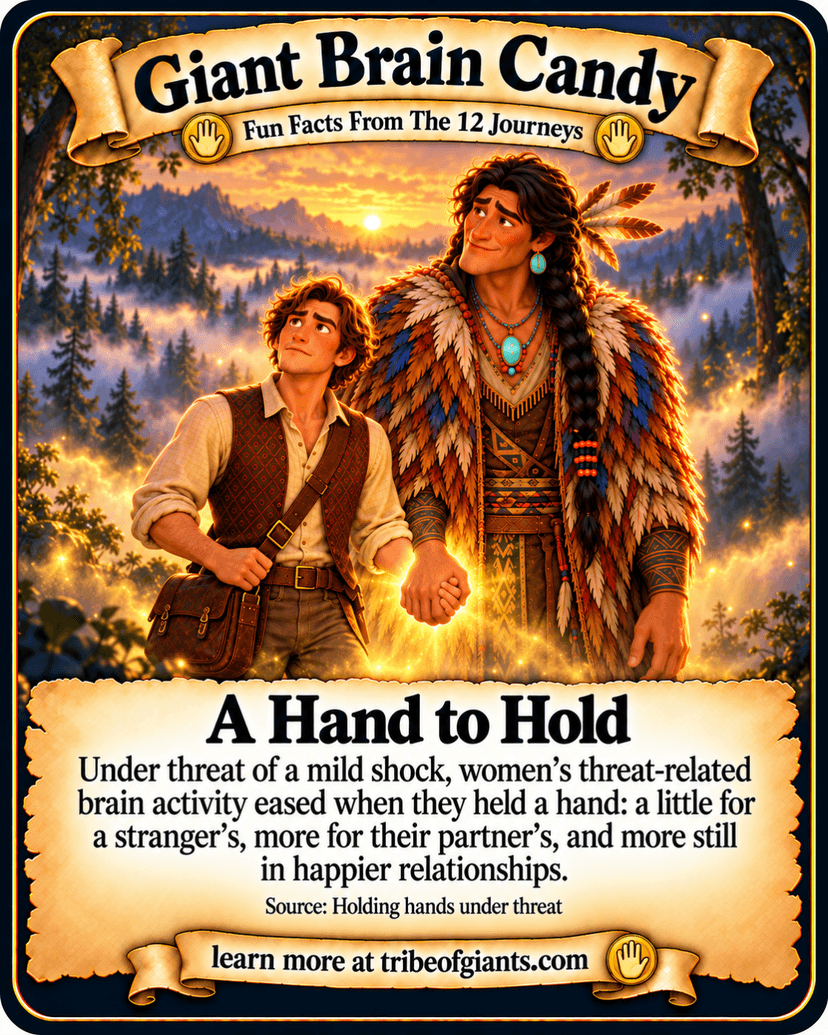 Giant Brain Candy: A Hand to Hold. Under threat of a mild shock, women’s threat-related brain activity eased when they held a hand: a little for a stranger’s, more for their partner’s, and more still in happier relationships. Source: Holding hands under threat.