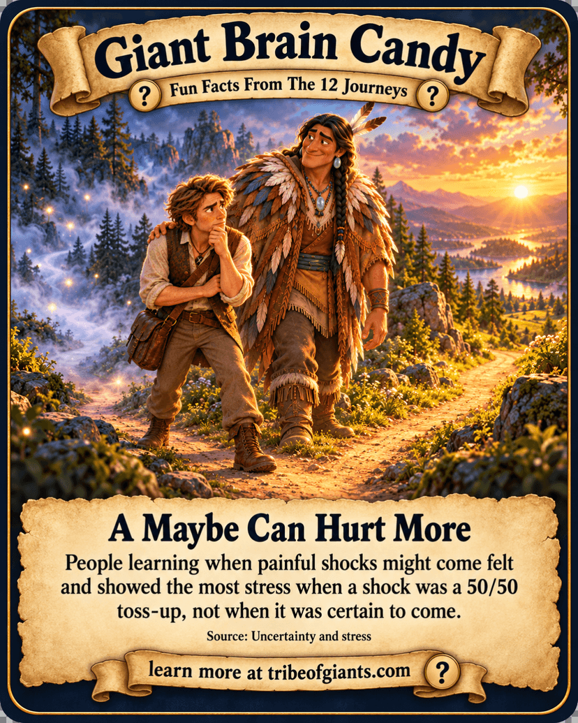 Giant Brain Candy: A Maybe Can Hurt More. People learning when painful shocks might come felt and showed the most stress when a shock was a 50/50 toss-up, not when it was certain to come. Source: Uncertainty and stress.