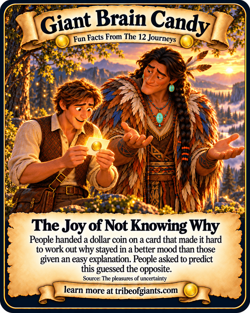 Giant Brain Candy: The Joy of Not Knowing Why. People handed a dollar coin on a card that made it hard to work out why stayed in a better mood than those given an easy explanation. People asked to predict this guessed the opposite. Source: The pleasures of uncertainty.
