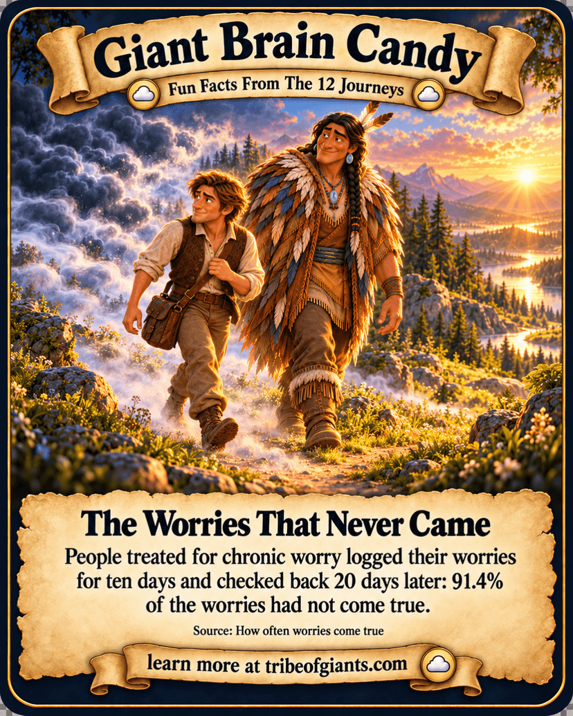 Giant Brain Candy: The Worries That Never Came. People treated for chronic worry logged their worries for ten days and checked back 20 days later: 91.4% of the worries had not come true. Source: How often worries come true.