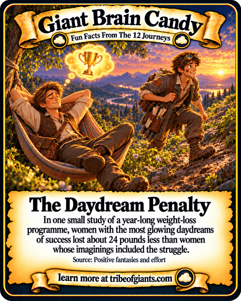 Giant Brain Candy: The Daydream Penalty. In one small study of a year-long weight-loss programme, women with the most glowing daydreams of success lost about 24 pounds less than women whose imaginings included the struggle. Source: Positive fantasies and effort.