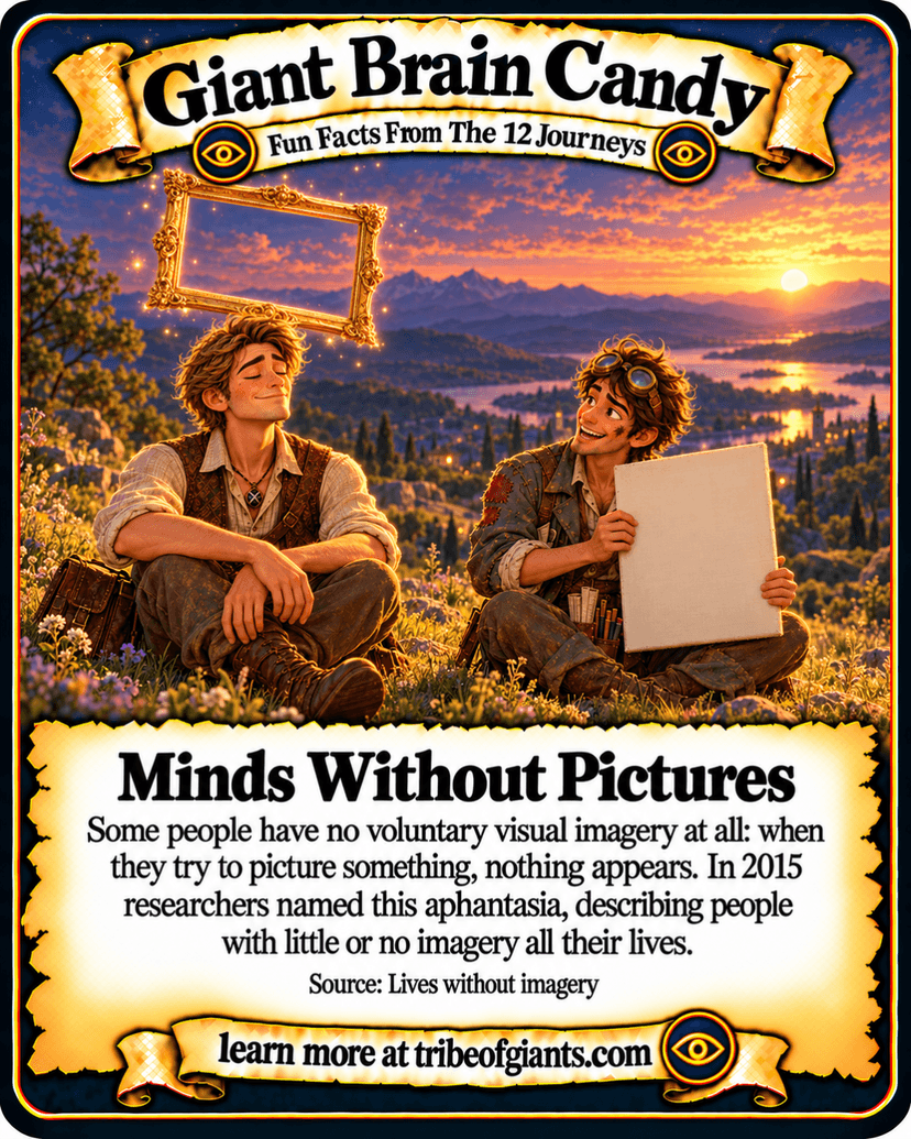 Giant Brain Candy: Minds Without Pictures. Some people have no voluntary visual imagery at all: when they try to picture something, nothing appears. In 2015 researchers named this aphantasia, describing people with little or no imagery all their lives. Source: Lives without imagery.