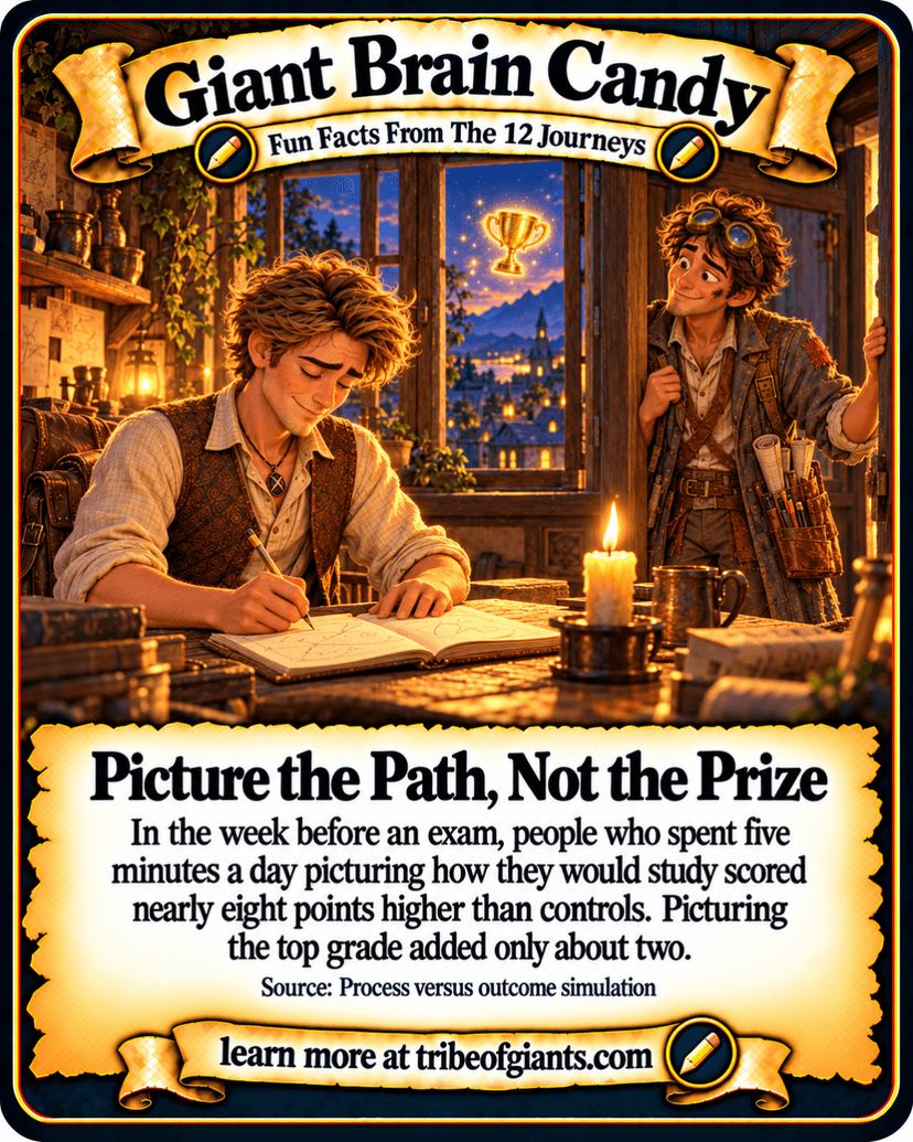 Giant Brain Candy: Picture the Path, Not the Prize. In the week before an exam, people who spent five minutes a day picturing how they would study scored nearly eight points higher than controls. Picturing the top grade added only about two. Source: Process versus outcome simulation.