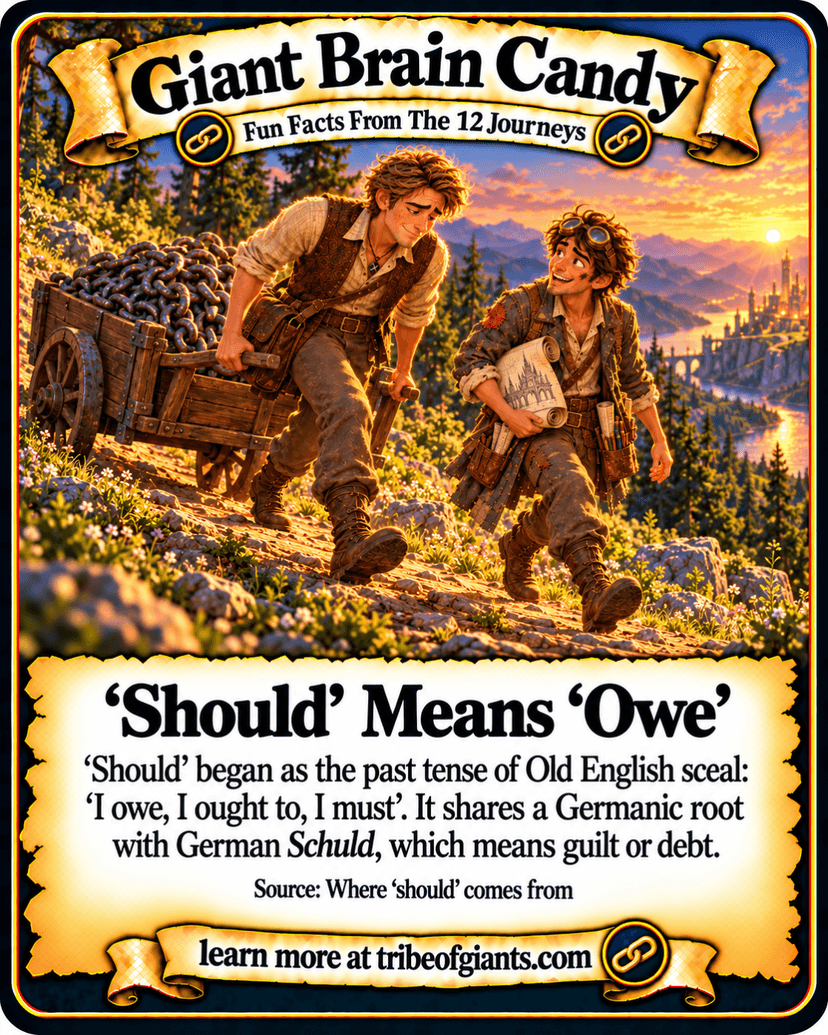 Giant Brain Candy: ‘Should’ Means ‘Owe’. ‘Should’ began as the past tense of Old English sceal: ‘I owe, I ought to, I must’. It shares a Germanic root with German Schuld, which means guilt or debt. Source: Where ‘should’ comes from.