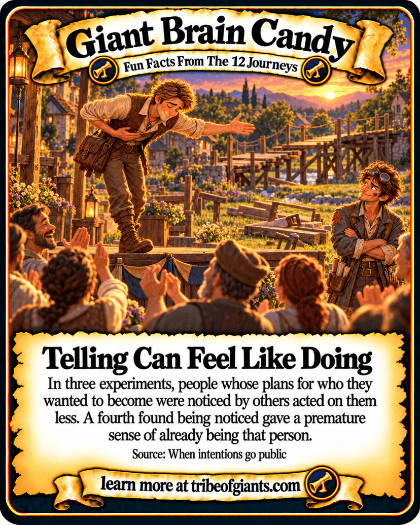 Giant Brain Candy: Telling Can Feel Like Doing. In three experiments, people whose plans for who they wanted to become were noticed by others acted on them less. A fourth found being noticed gave a premature sense of already being that person. Source: When intentions go public.