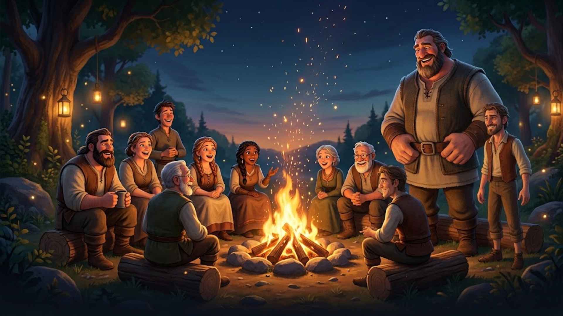 Villagers of many builds around a night fire, laughing and listening, sparks rising, a Giant among them