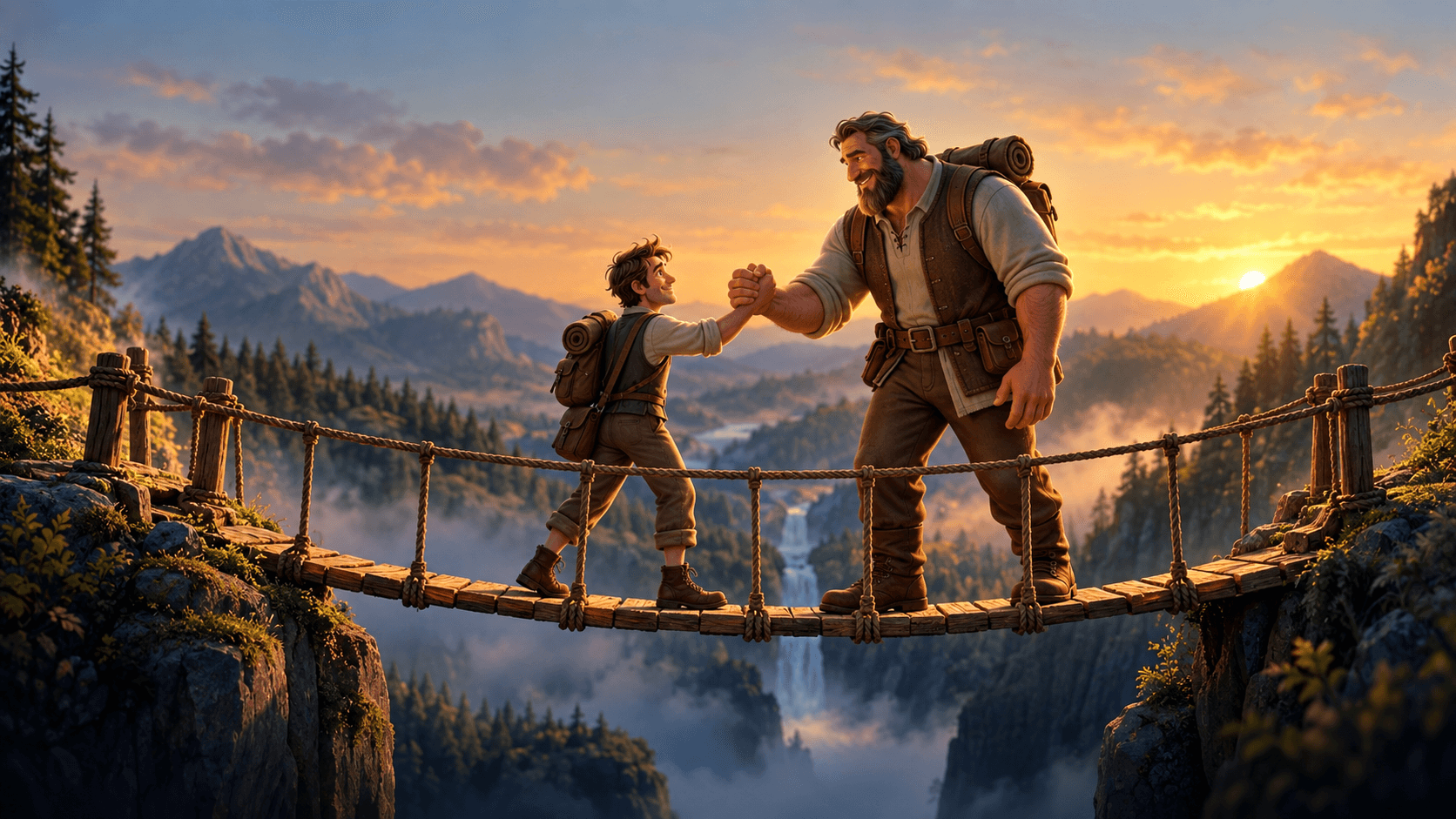 A Small and a Giant clasp forearms in the middle of a rope bridge over a misty gorge at golden hour
