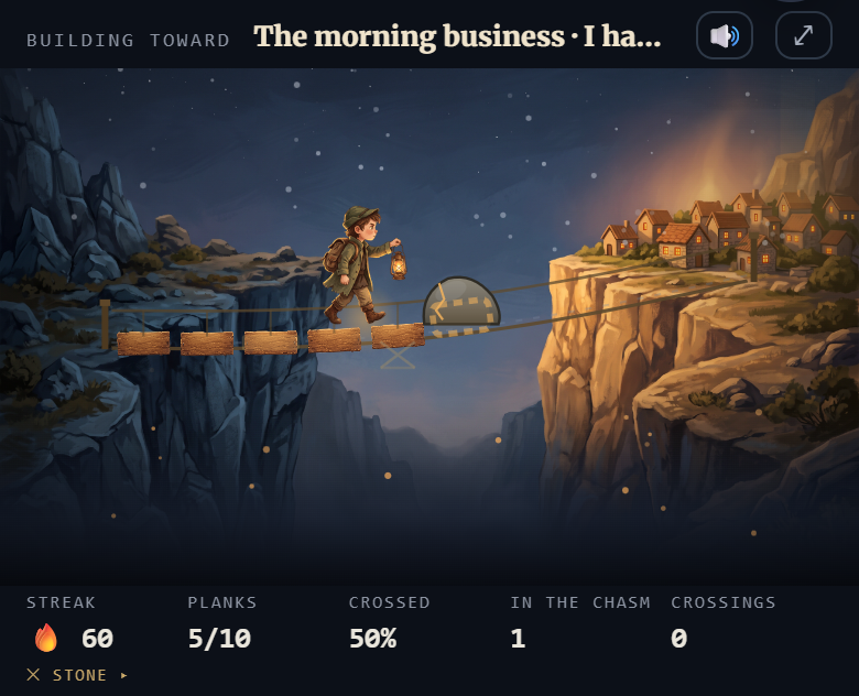 The living board: the painted walker crossing log planks over the chasm toward the golden village, streak and plank count below