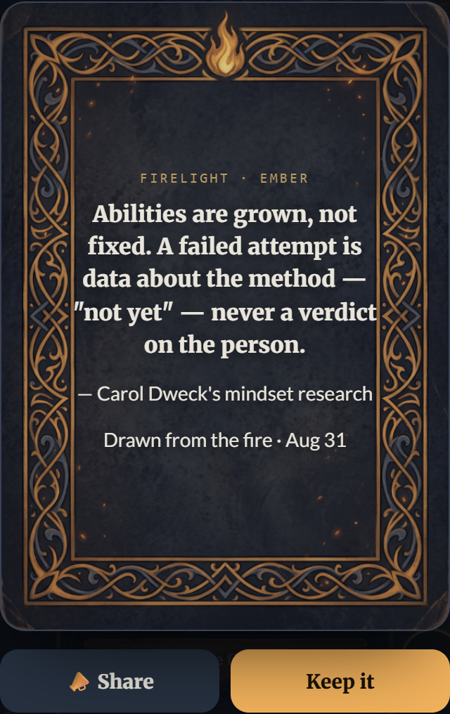 A Firelight card: credited research drawn as an ornate playing card
