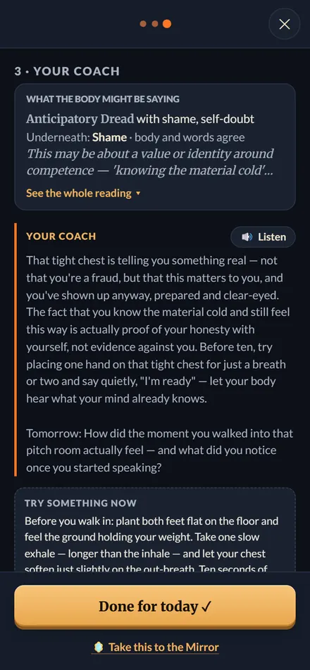 A written reflection after a check-in: what the body might be saying, a note from your coach, and one thing to try now.