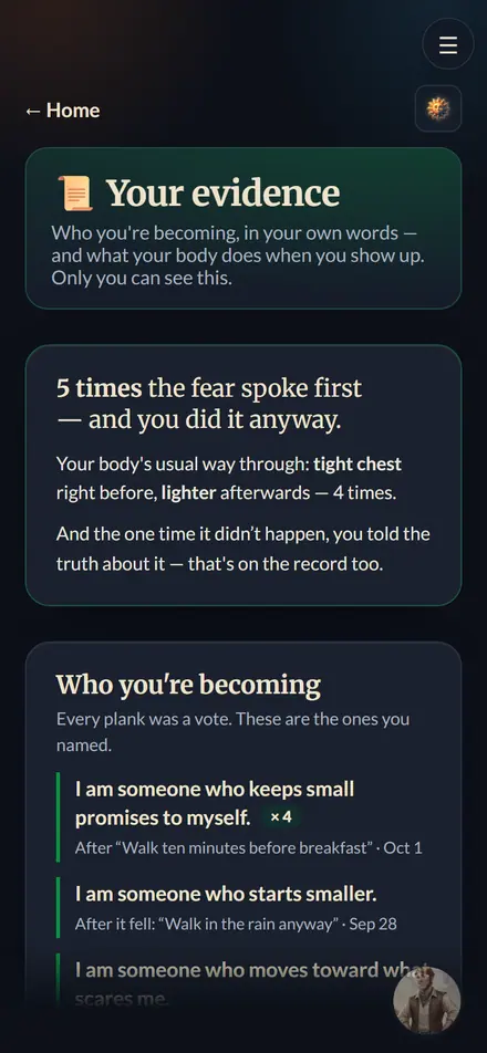 The Evidence File: five times the fear spoke first and you did it anyway, and the lines you keep writing about who you are becoming.
